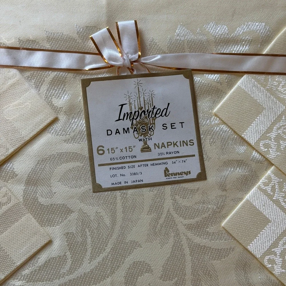 Penneys Vintage 50s Damask Tablecloth & 6 Napkins Set Cream Floral Scroll Boxed